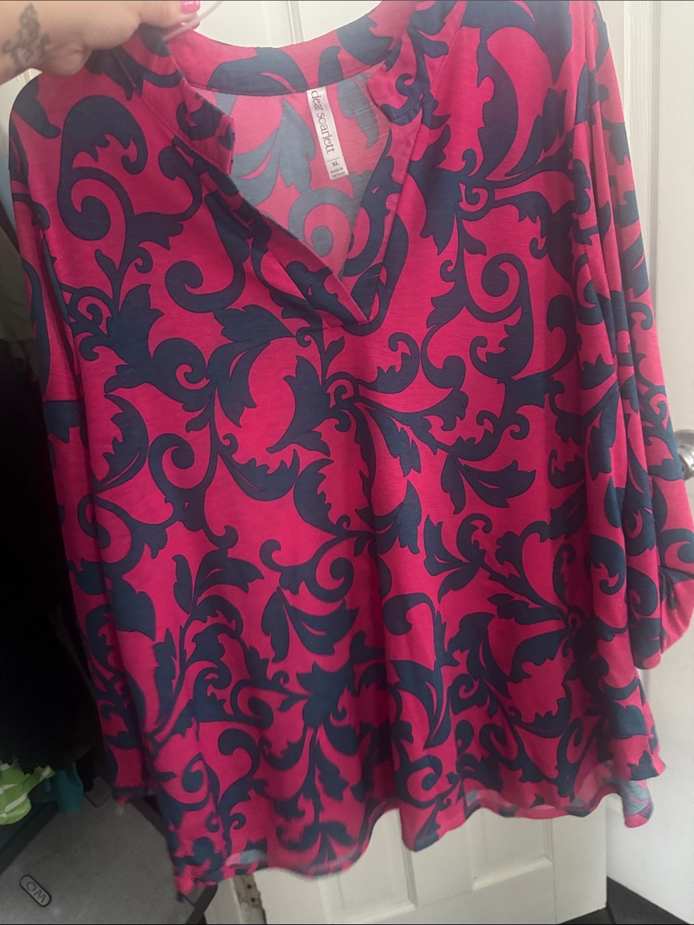 Free Country Fuchsia & Navy V-Neck Scroll Print Tunic
